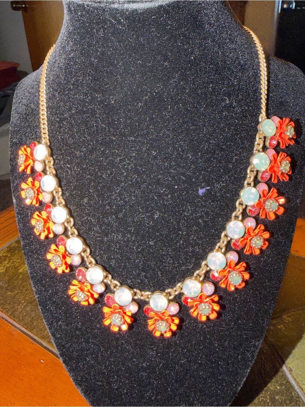 J. Crew NWOT Floral Statement Necklace w/ Coral Red Flowers & Opalescent Accents